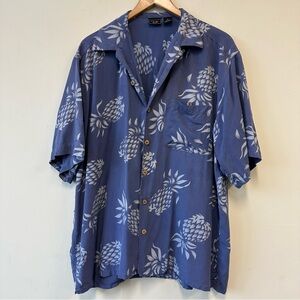 100% Silk Blue Pineapple Print Button-Down Shirt